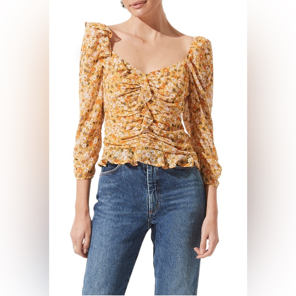 Astr Yellow Floral Ruched Blouse